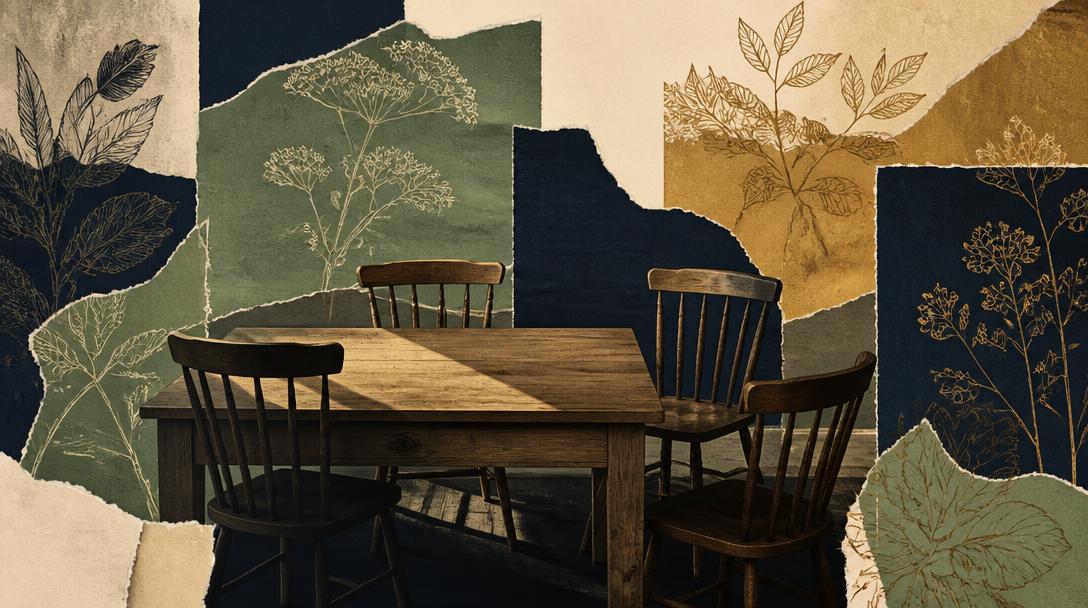 Editorial collage: four empty chairs around a wooden kitchen table in raking light, with torn-paper botanical layers.