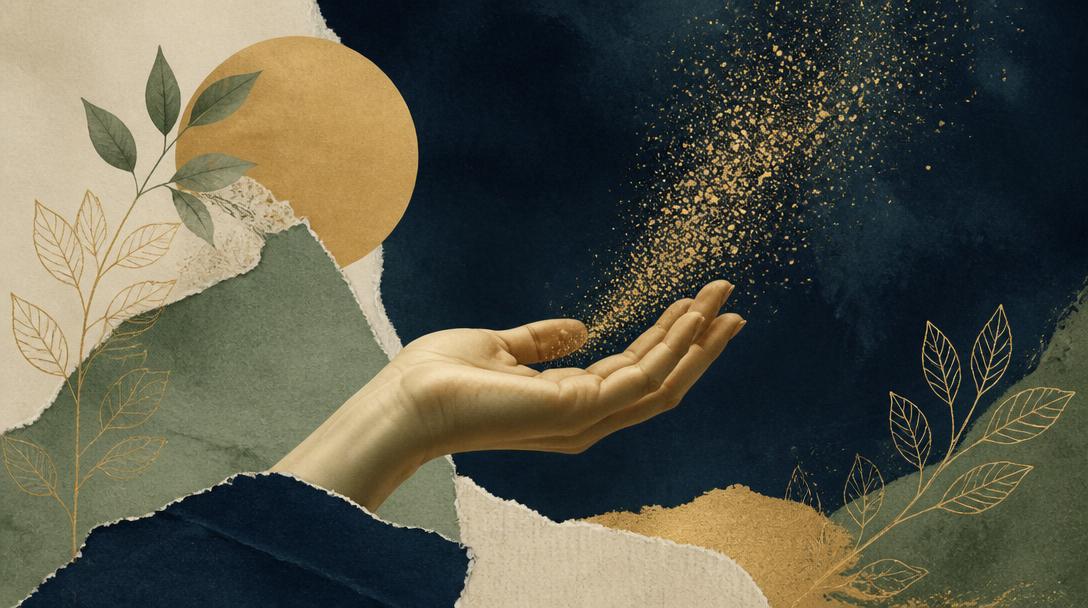 Editorial collage: an open hand releasing golden light into darkness, with sage and gold torn-paper layers.