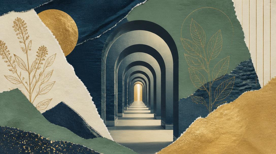 Editorial collage: a corridor of repeating arches leading toward a distant warm light, framed by botanical paper layers.