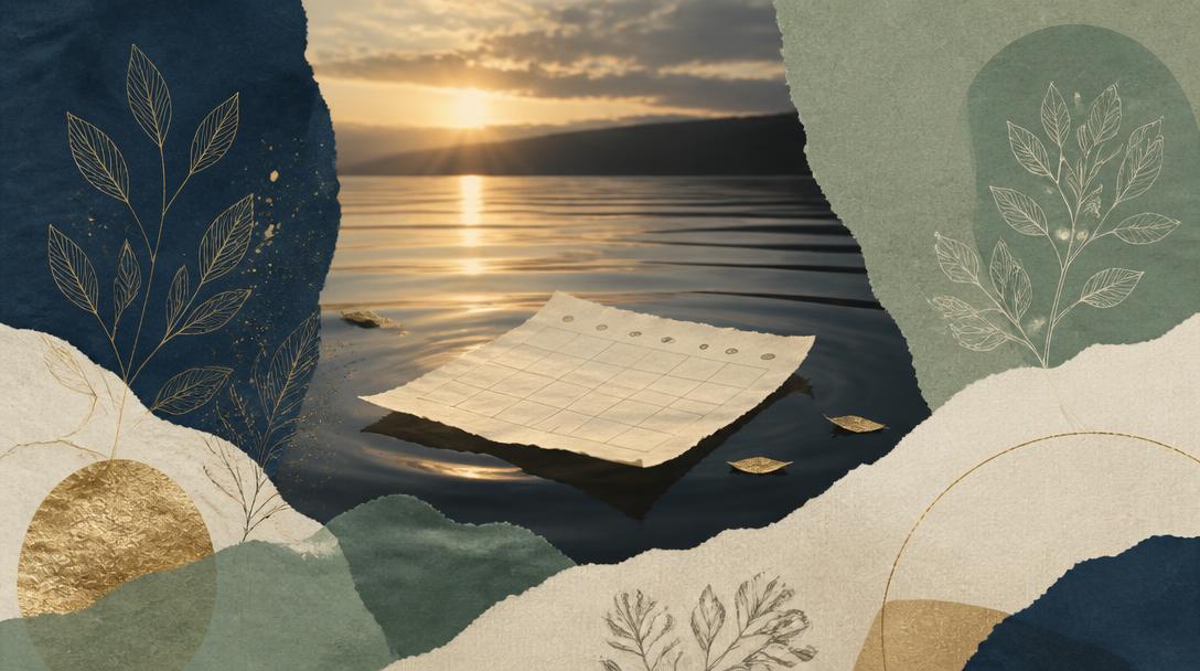 Editorial collage: a calendar page drifting on still water at sunrise, framed by torn paper, sage leaves, and a gold disc.