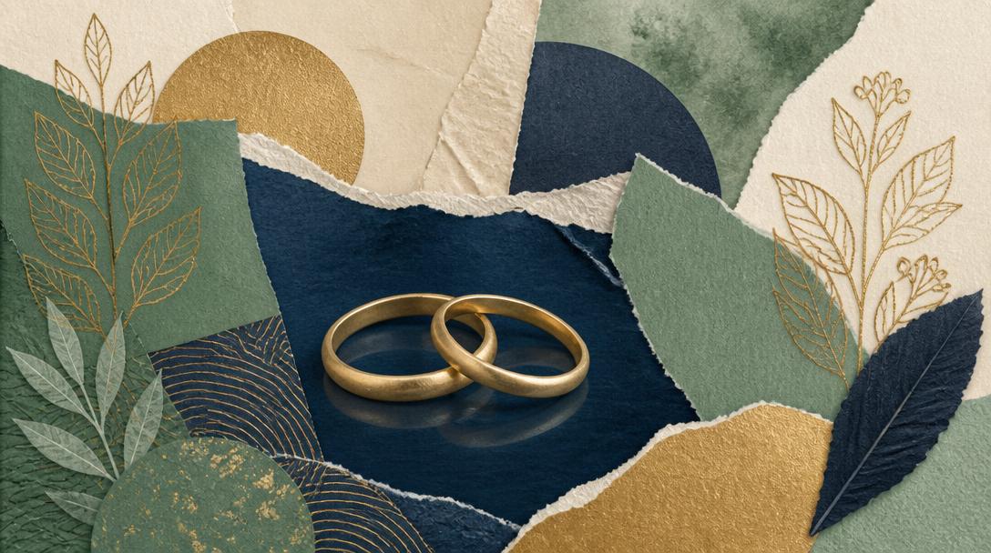 Editorial collage: two overlapping gold rings on a dark reflective surface, surrounded by torn sage and navy paper shapes.