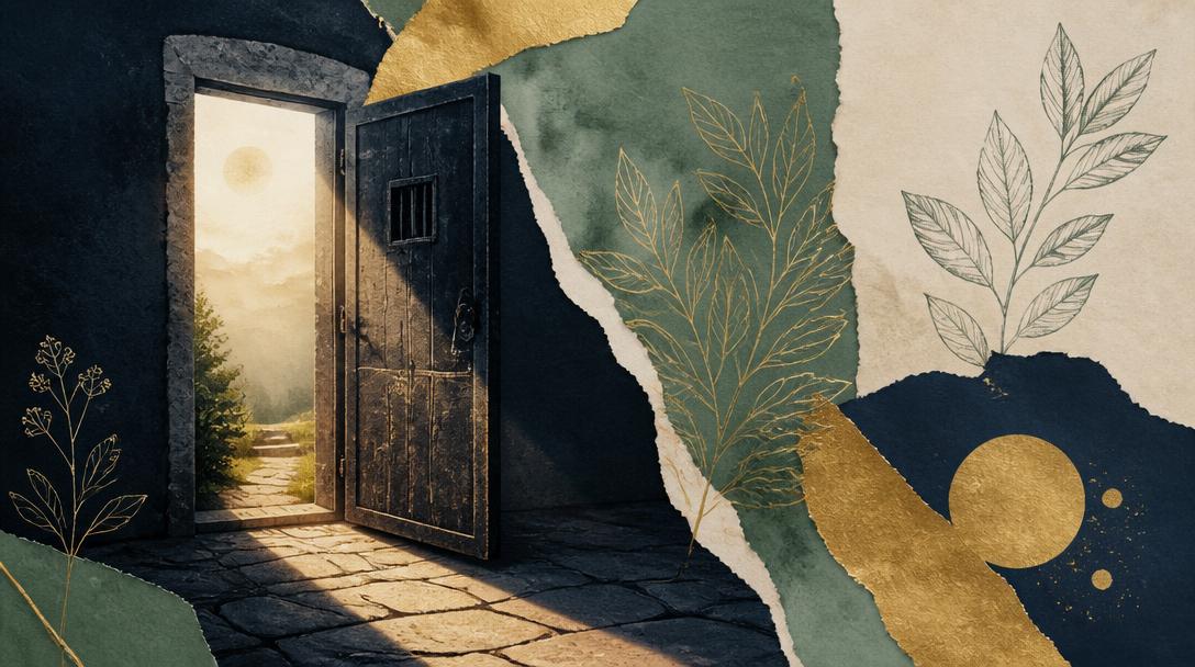 Editorial collage: a heavy door standing open onto a sunlit stone path, layered with torn paper and gold botanical details.