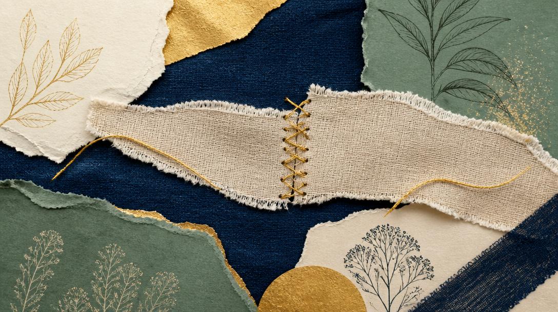 Editorial collage: torn linen fabric mended with visible gold thread, layered on navy, sage, and cream paper.