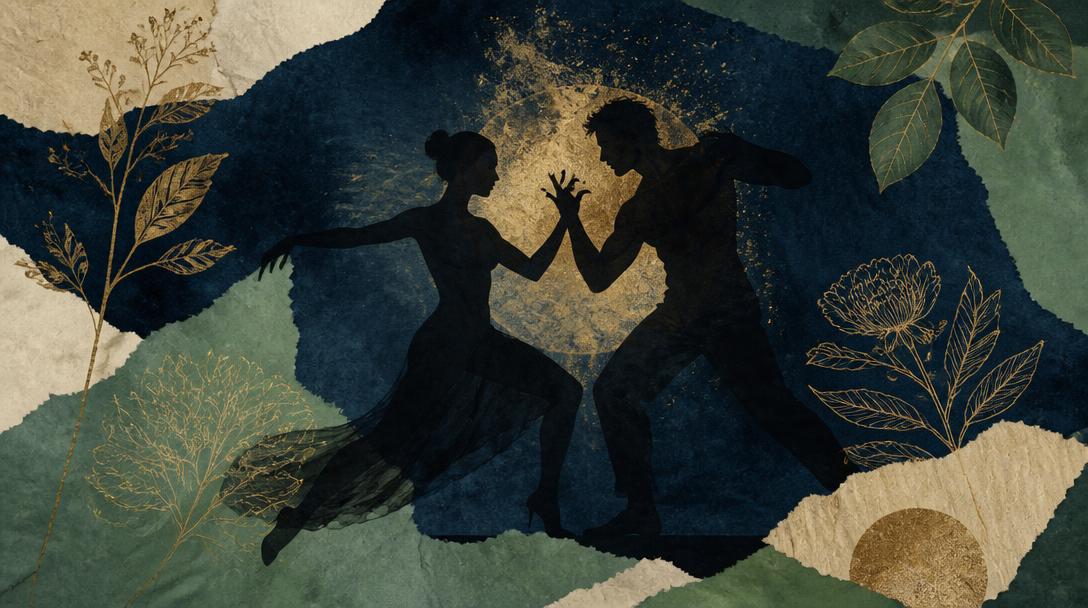 Editorial collage: two silhouetted figures in a tense dance pose against a glowing gold disc and navy torn paper.