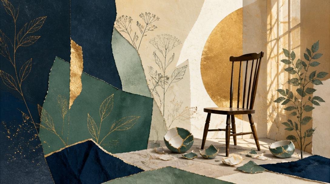 Editorial collage: a wooden chair amid kintsugi-repaired ceramic fragments as warm light enters through a window.