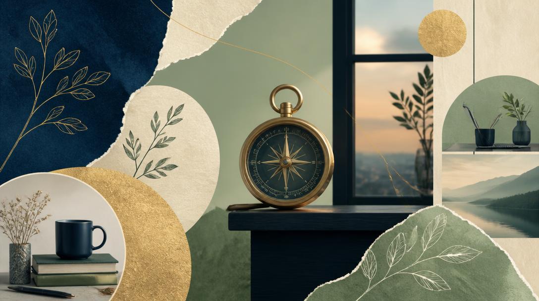 Editorial collage: a brass compass on a dark desk beside a window at dusk, with sage and gold torn-paper layers.